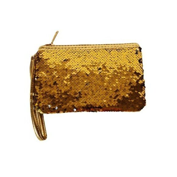 Women's Gold Wristlet Flip Sequin Coin Purse Cosmetic Bag NWT - Picture 1 of 9